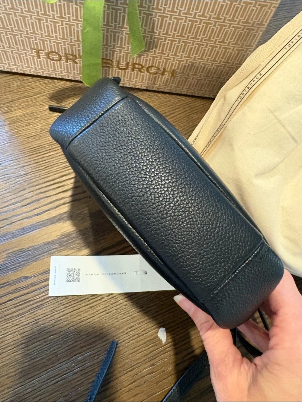 Tory Burch Black Pebbled Leather small Romy Crossbody with Adjustable Strap